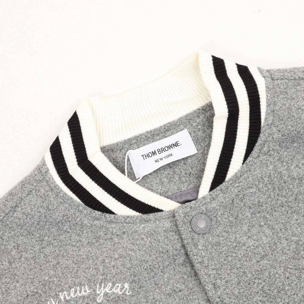 Thom Browne Women's & Men's Grey Letter Patch Leather-Sleeve Varsity Jacket