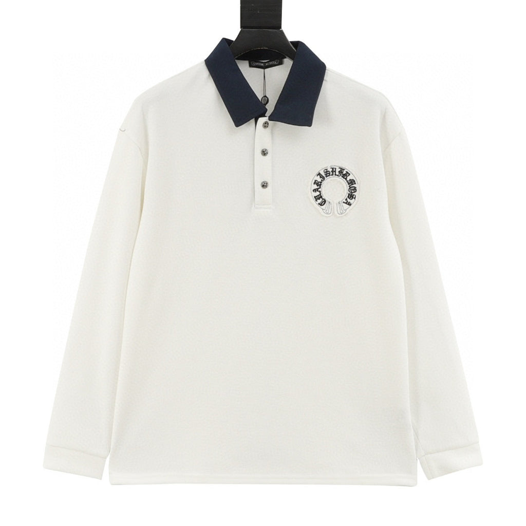 CH Long-Sleeve Polo Shirt with Cross Embroidery and Contrasting Collar