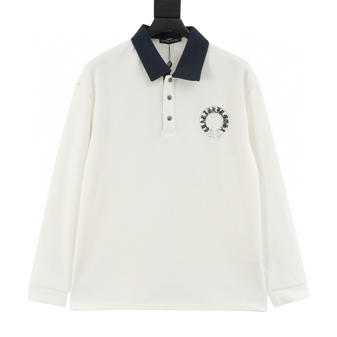 CH Long-Sleeve Polo Shirt with Cross Embroidery and Contrasting Collar