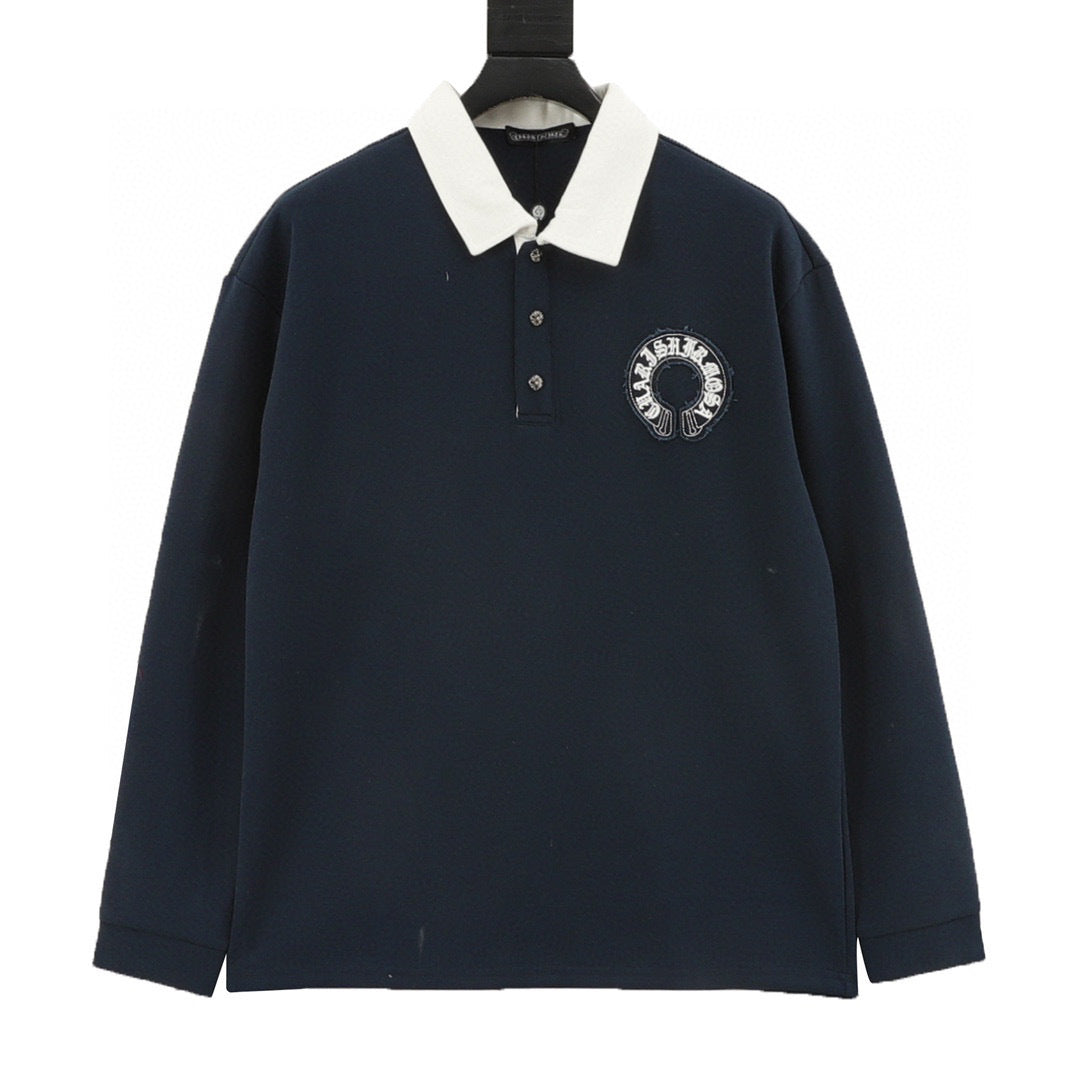 CH Long-Sleeve Polo Shirt with Cross Embroidery and Contrasting Collar