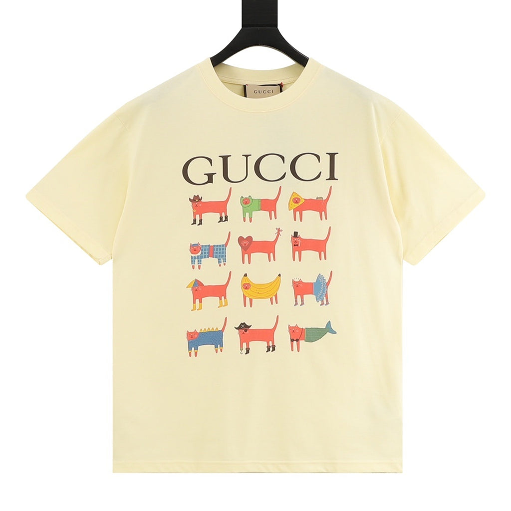 Gucci Men's Light Yellow Cartoon Cats Print Short-Sleeve T-Shirt