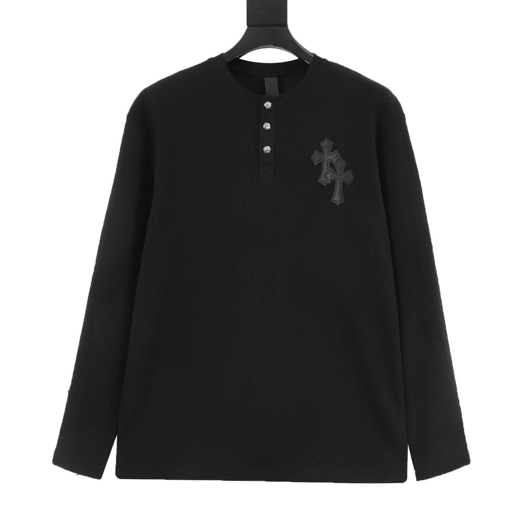 Chrome Hearts Cross Leather Label Waffle Henley Long Sleeve | Black Grey Luxury Streetwear
