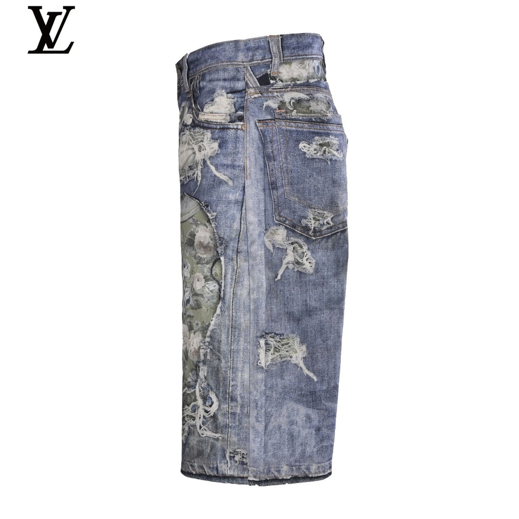 Louis Vuitton Men's Floral Patchwork Distressed Denim Shorts
