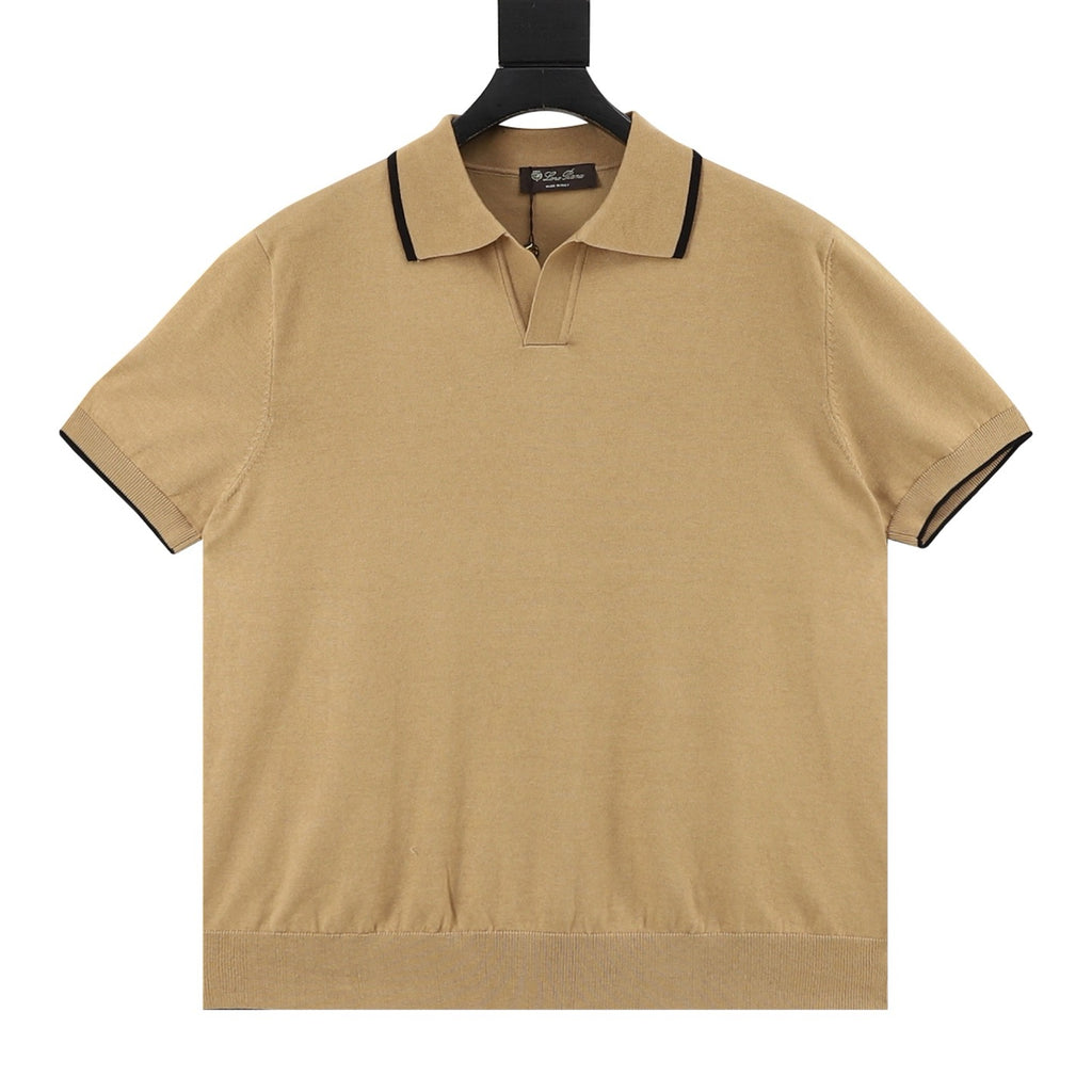Loro Piana Women's Men's Camel Trim-Collar Short-Sleeve Knit Polo Shirt