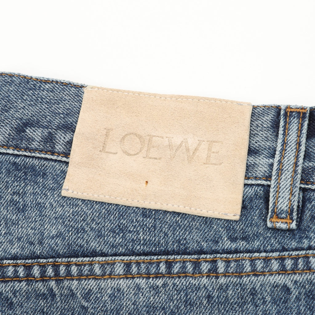 Loewe Contrast Stitch Wide-Leg Washed Denim Trousers | Black Leather Patch Workwear Luxury