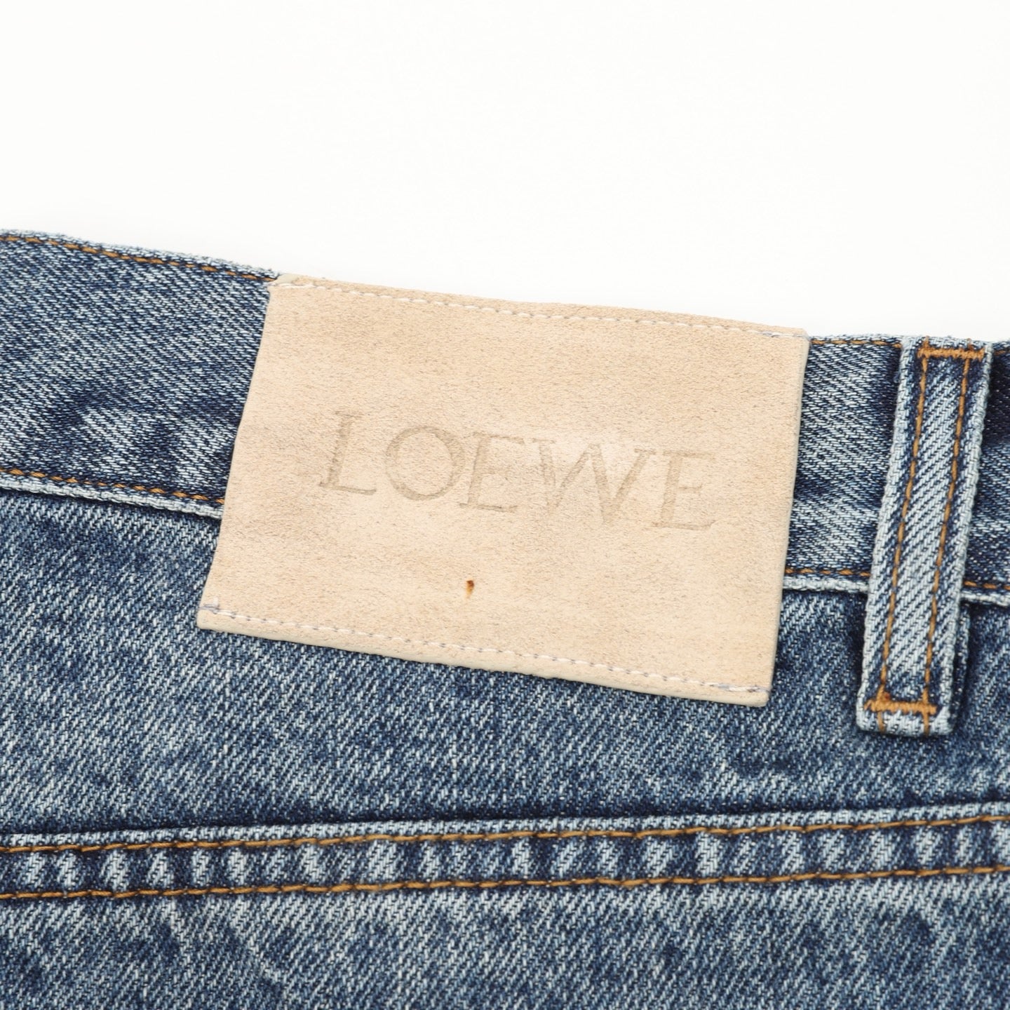 Loewe Contrast Stitch Wide-Leg Washed Denim Trousers | Black Leather Patch Workwear Luxury