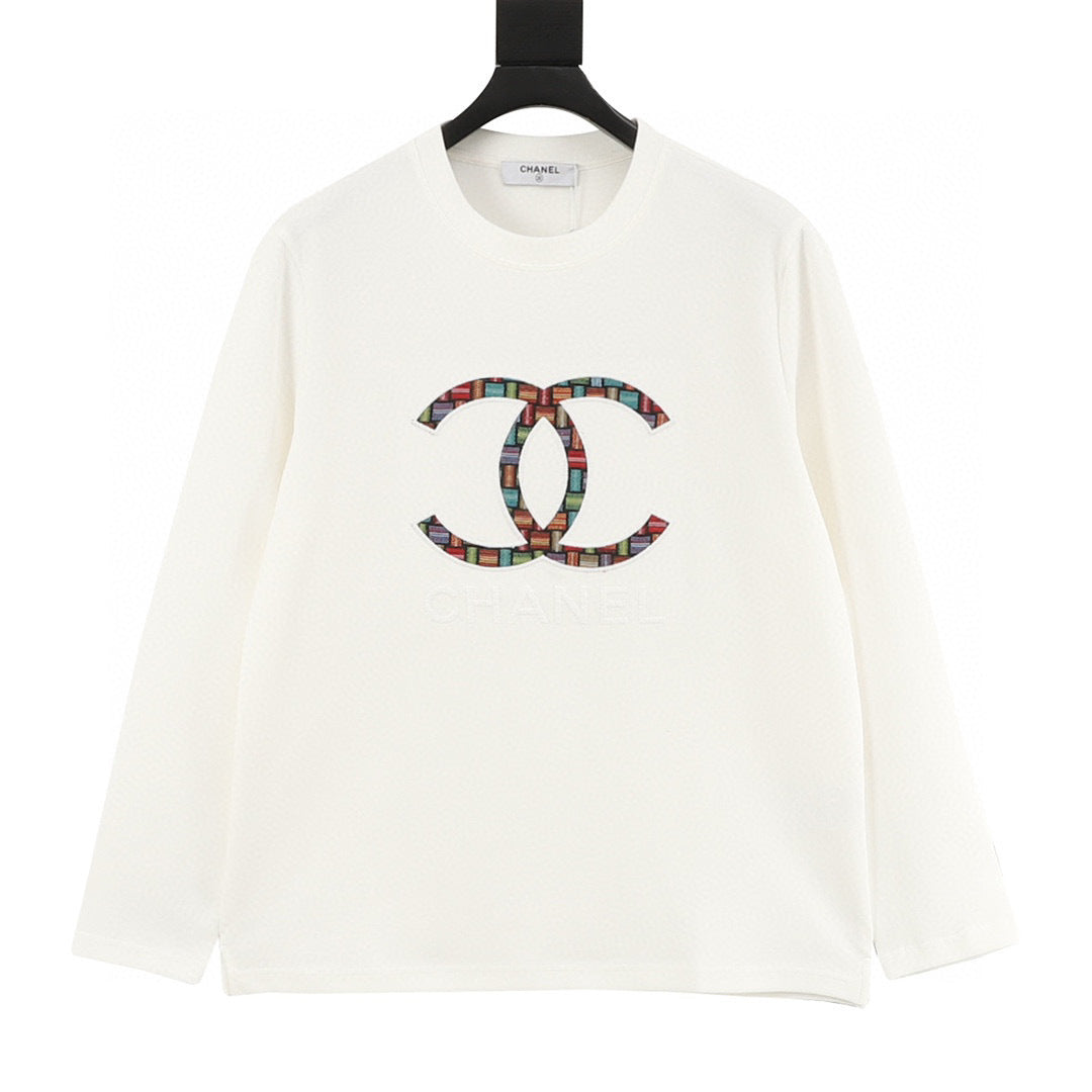 Chanel 25FW Long-Sleeve T-Shirt with Large Embroidered/Appliqué Double-C Logo in Brocade Style