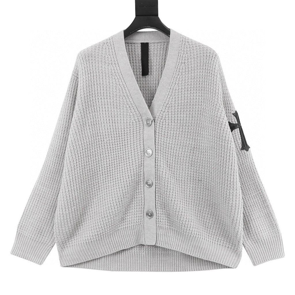 CH Cashmere Cardigan with Leather-Trimmed Sleeves and Cross-Waffle Knit
