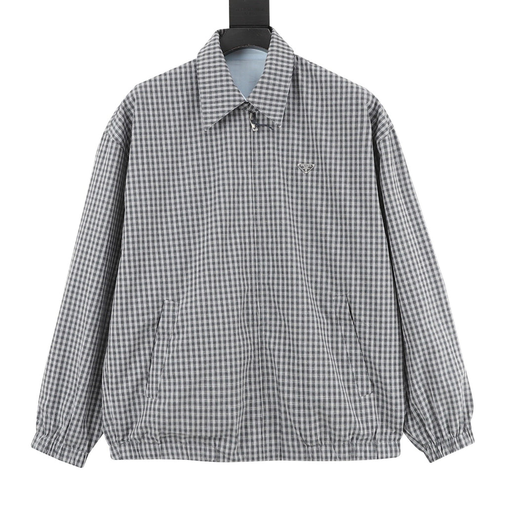 Prada Triangle Logo Check Zip-Up Lapel Jacket | Grey Plaid Lightweight Luxury Outerwear