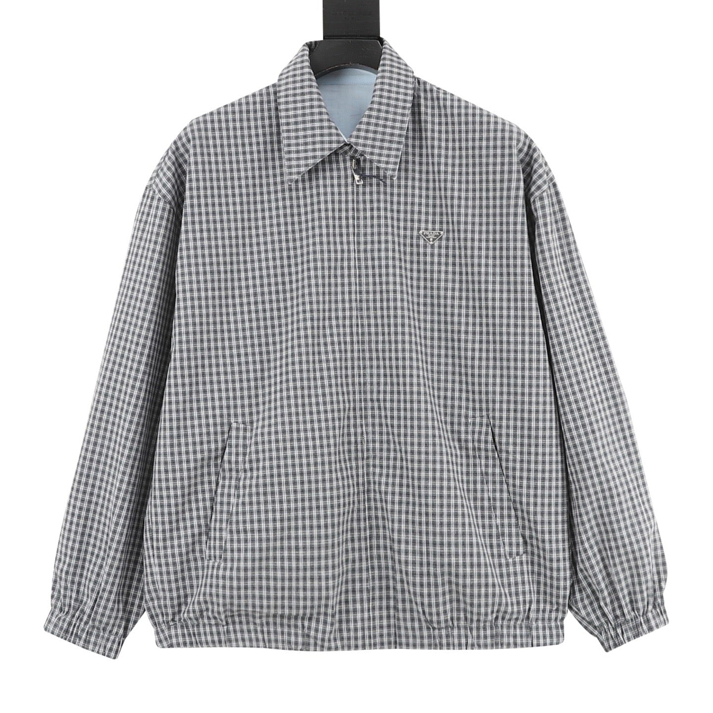 Prada Triangle Logo Check Zip-Up Lapel Jacket | Grey Plaid Lightweight Luxury Outerwear