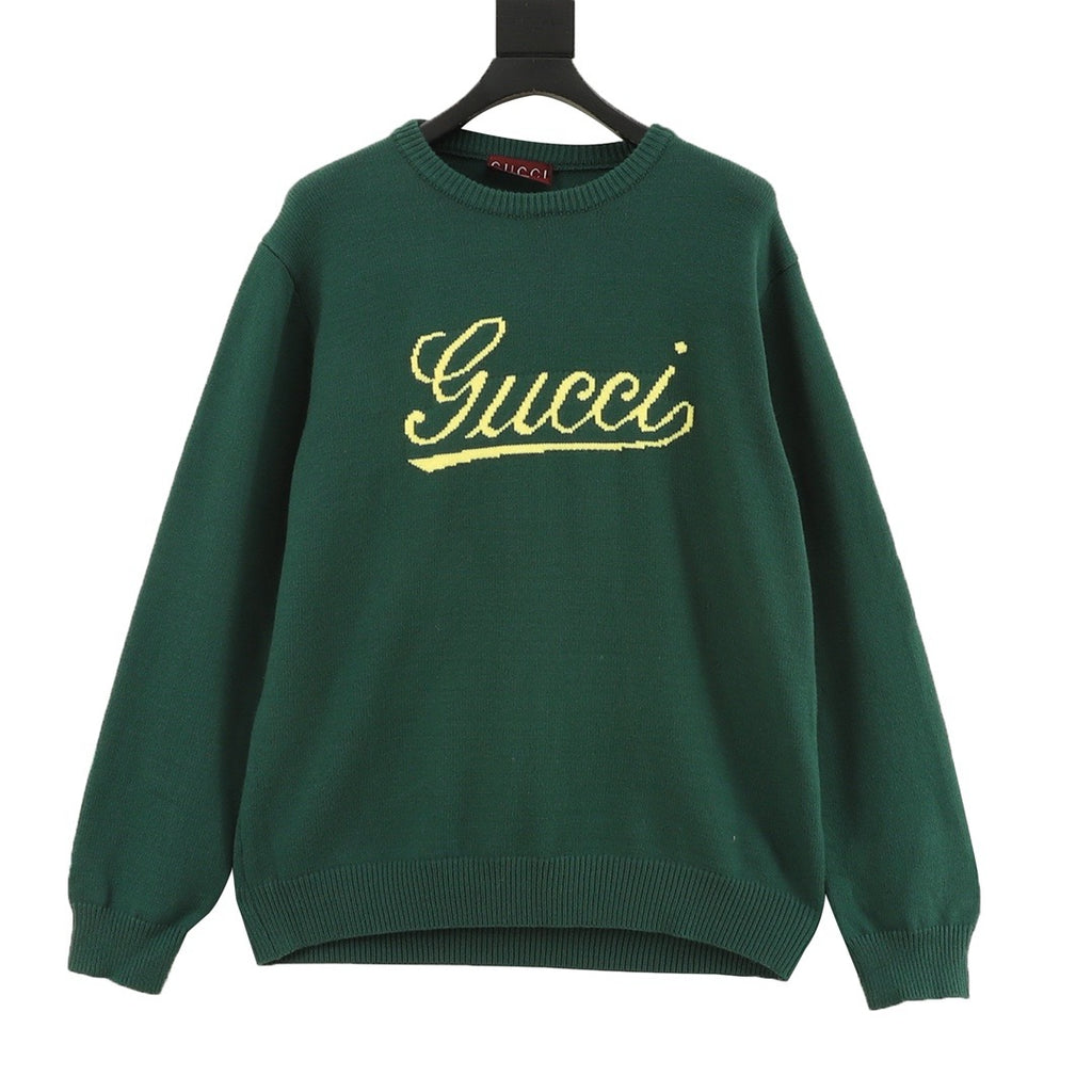 Gucci Women's Men's Green Script Logo Crewneck Knit Sweater