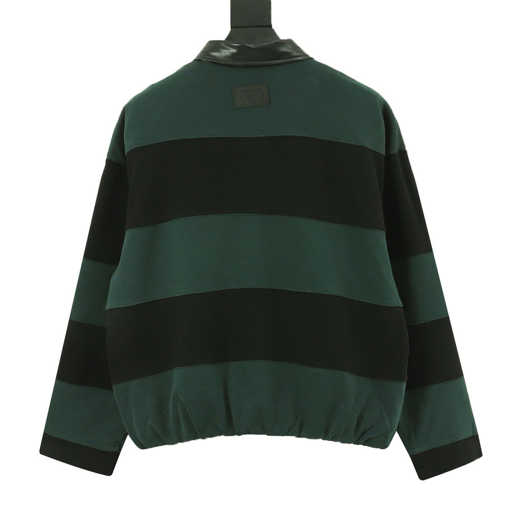 Acne Studios Women's Men's Green and Black Striped Long-Sleeve Polo with Faux Leather Collar