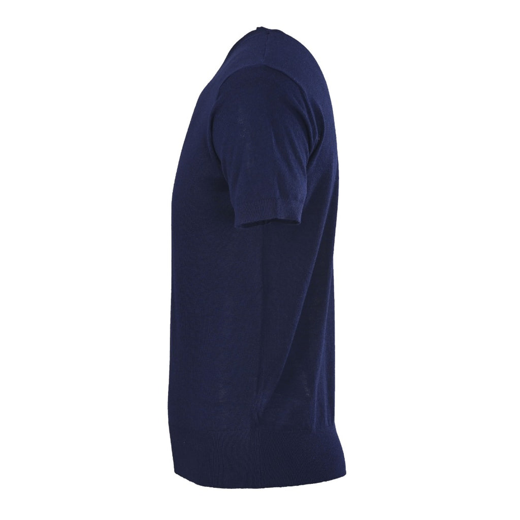 Fine-Knit V-Neck Short-Sleeve Sweater in Navy