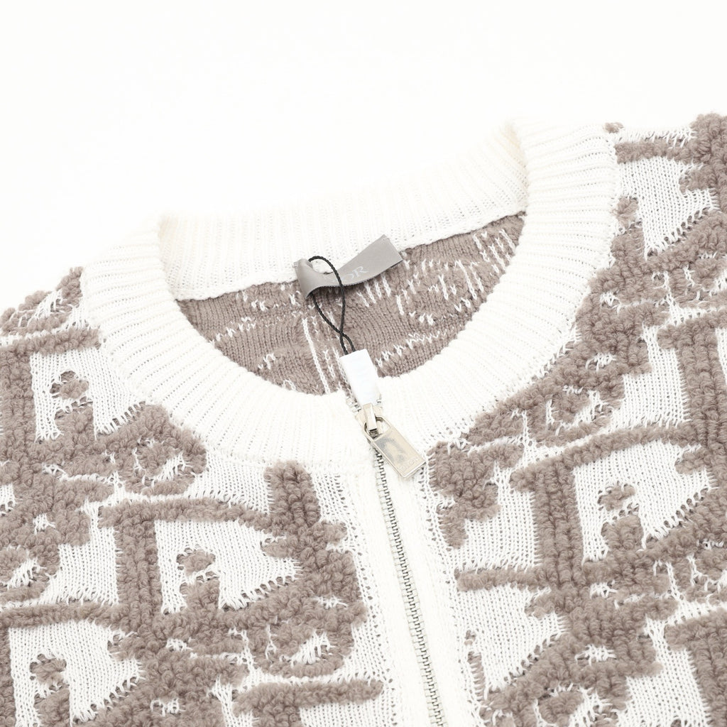 Dior Women's Men's White and Brown Oblique Jacquard Full-Zip Cardigan