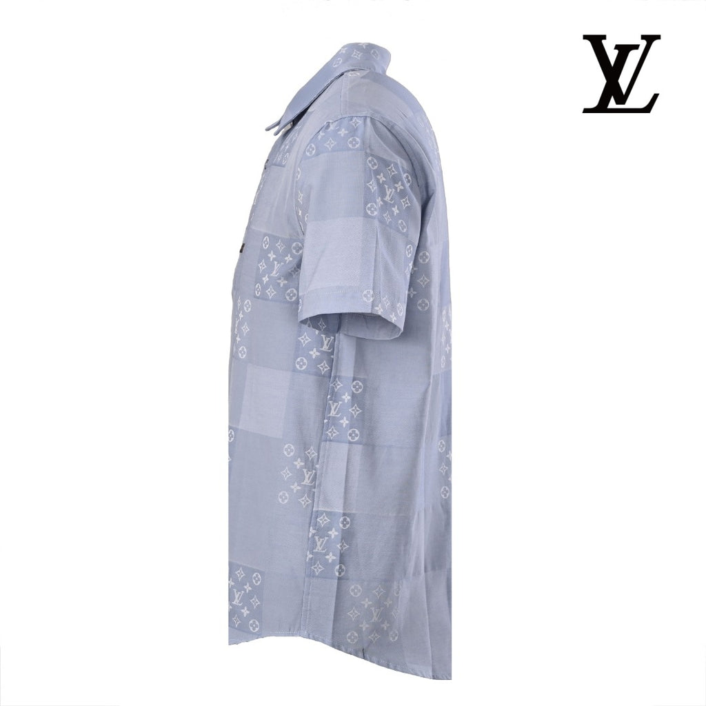 Louis Vuitton Men's Light Blue Monogram Patchwork Short Sleeve Shirt