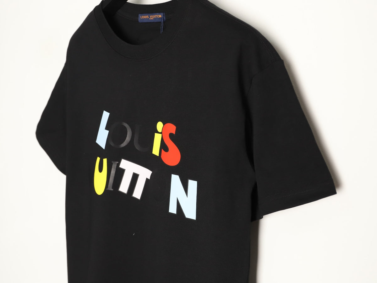 Louis Vuitton Multicolor Letter Logo Print Short-Sleeve T-Shirt in Black