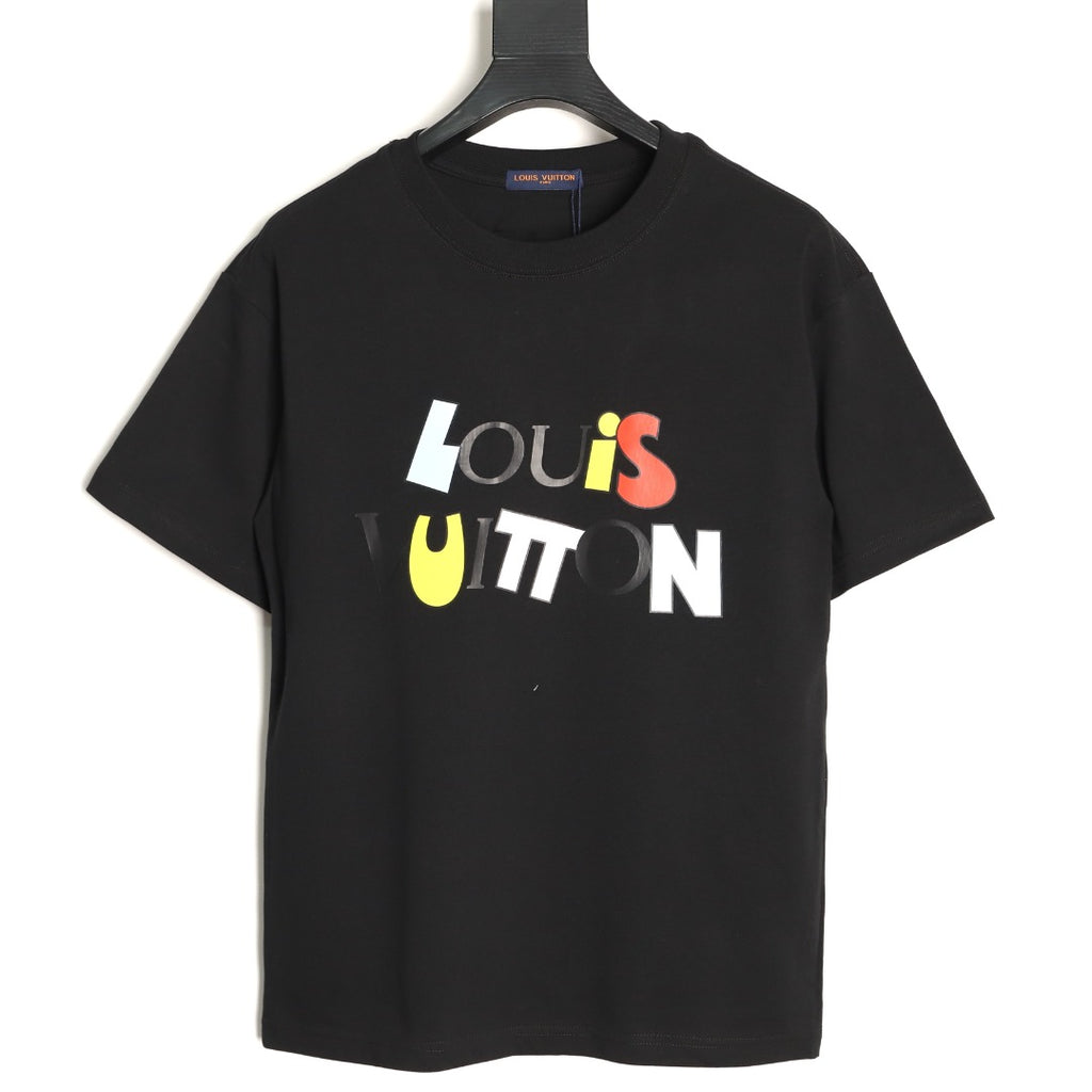 Louis Vuitton Multicolor Letter Logo Print Short-Sleeve T-Shirt in Black