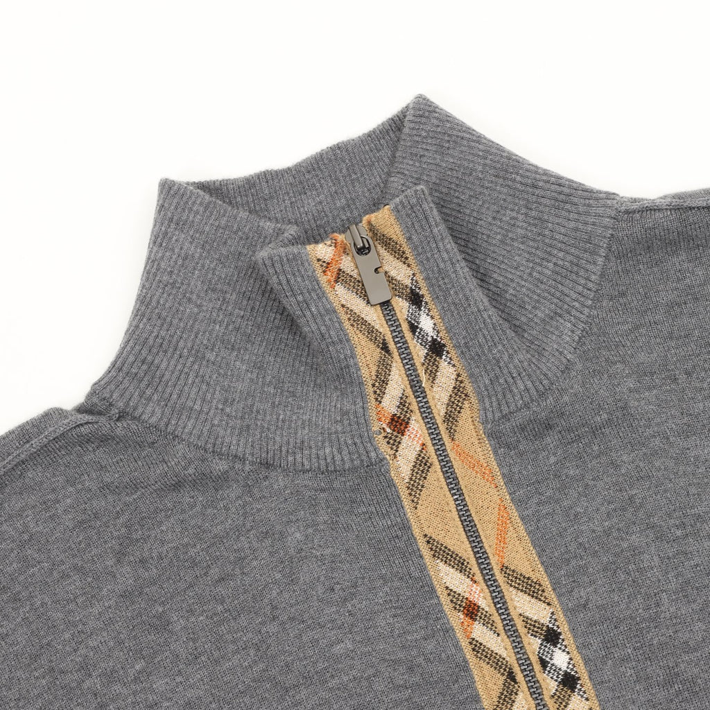 Burberry Check Plaid Zip-Up Wool Knit Sweater