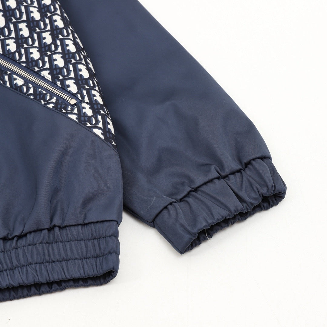Dior Women's & Men's Navy Oblique Patchwork Bee Logo Hooded Windbreaker
