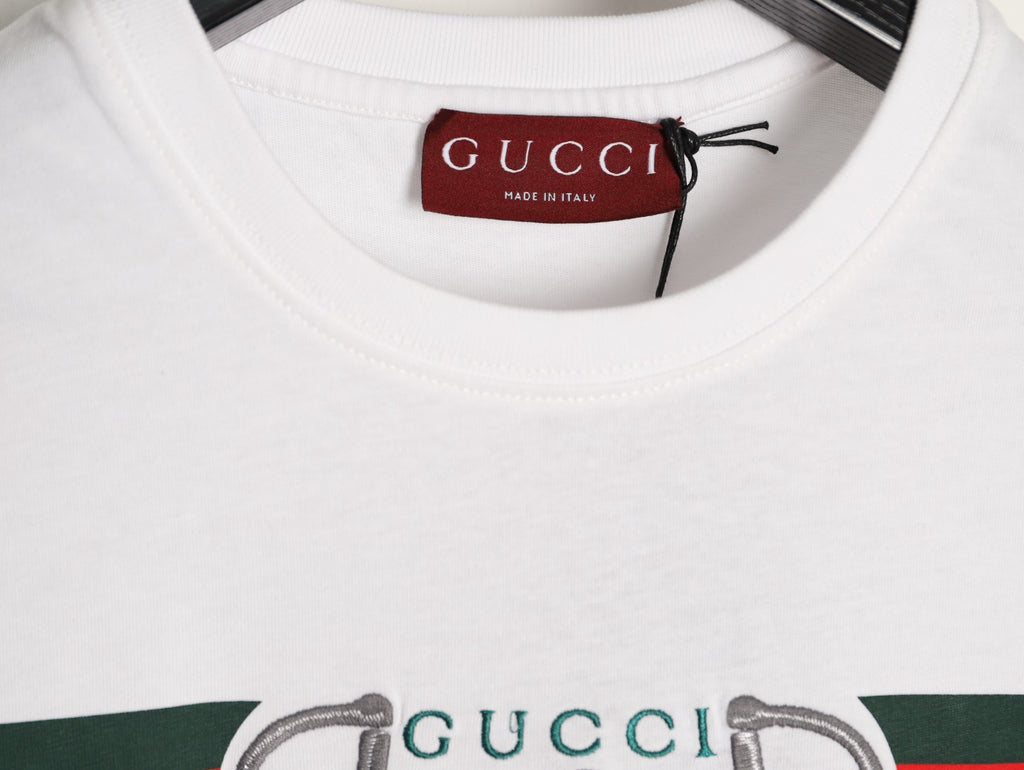 Gucci Web Stripe and Horsebit Print Short-Sleeve T-Shirt in White