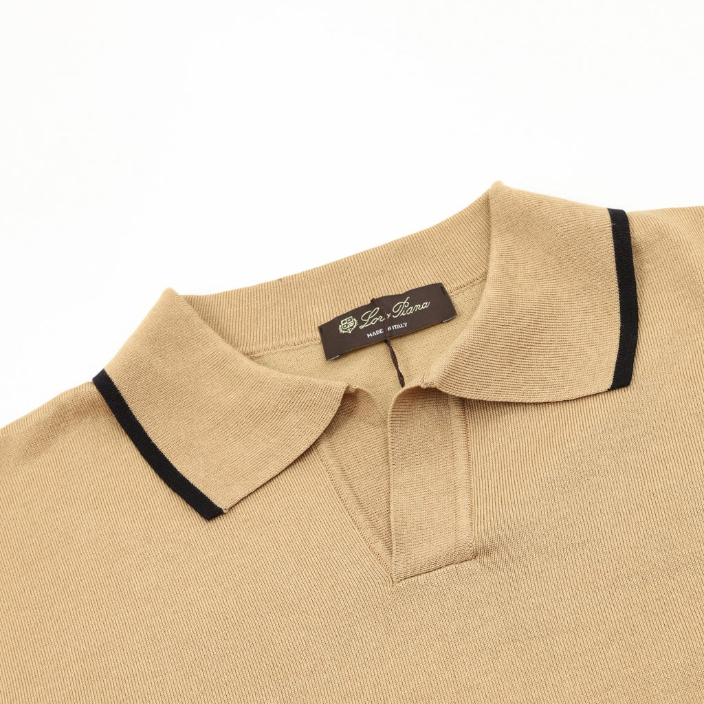Loro Piana Women's Men's Camel Trim-Collar Short-Sleeve Knit Polo Shirt