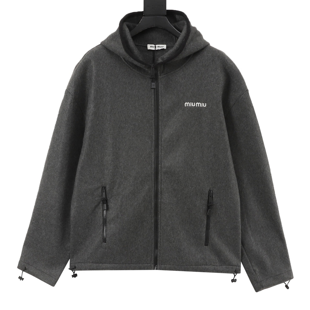 Miu Miu Women's Men's Grey Logo Wool Zip-Up Hooded Jacket