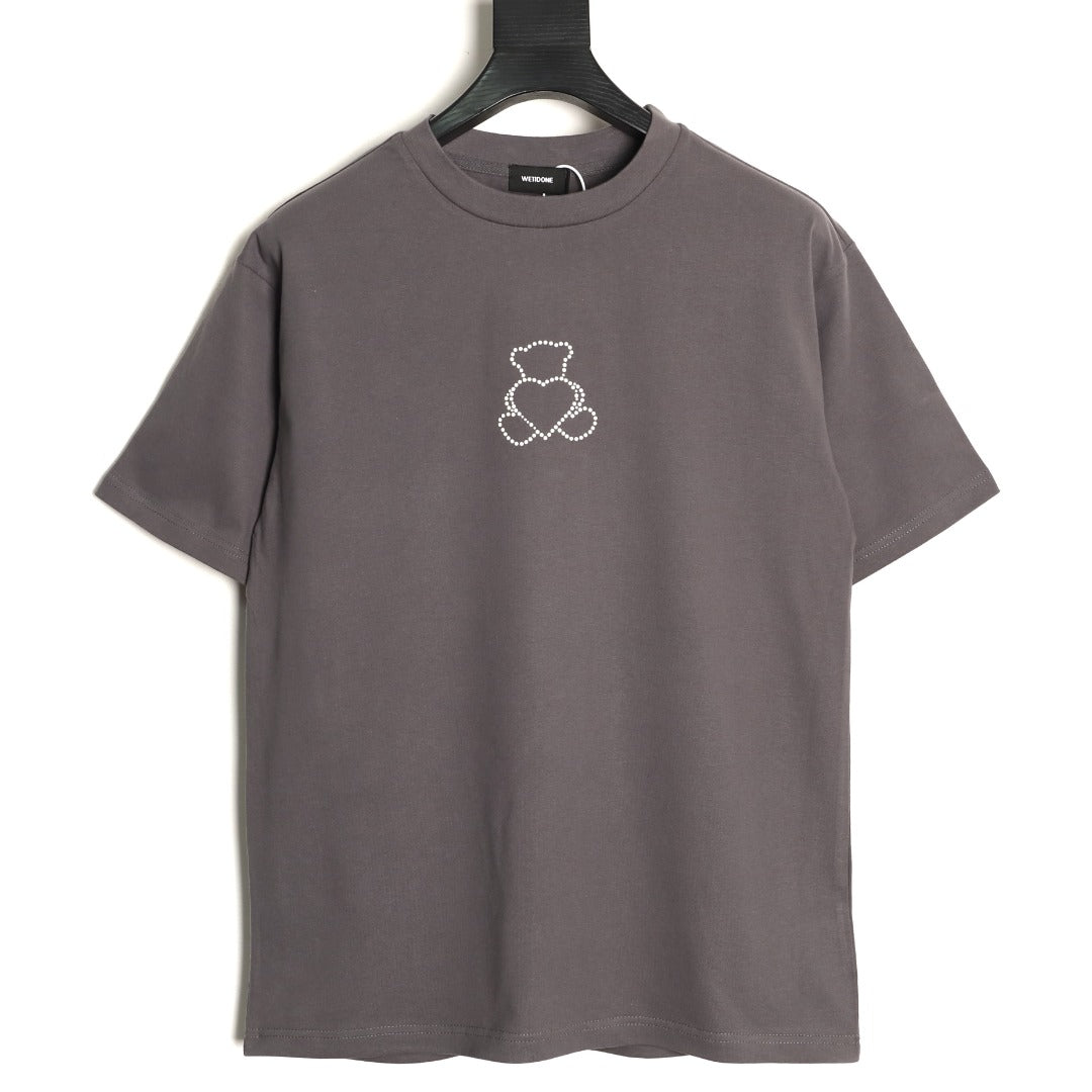 We11done Men's Grey Rhinestone Bear & Heart T-Shirt