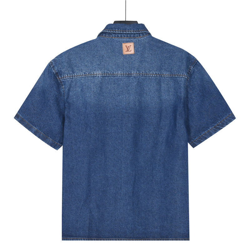 Louis Vuitton LV-Stitched Pocket Short-Sleeve Denim Shirt in Blue