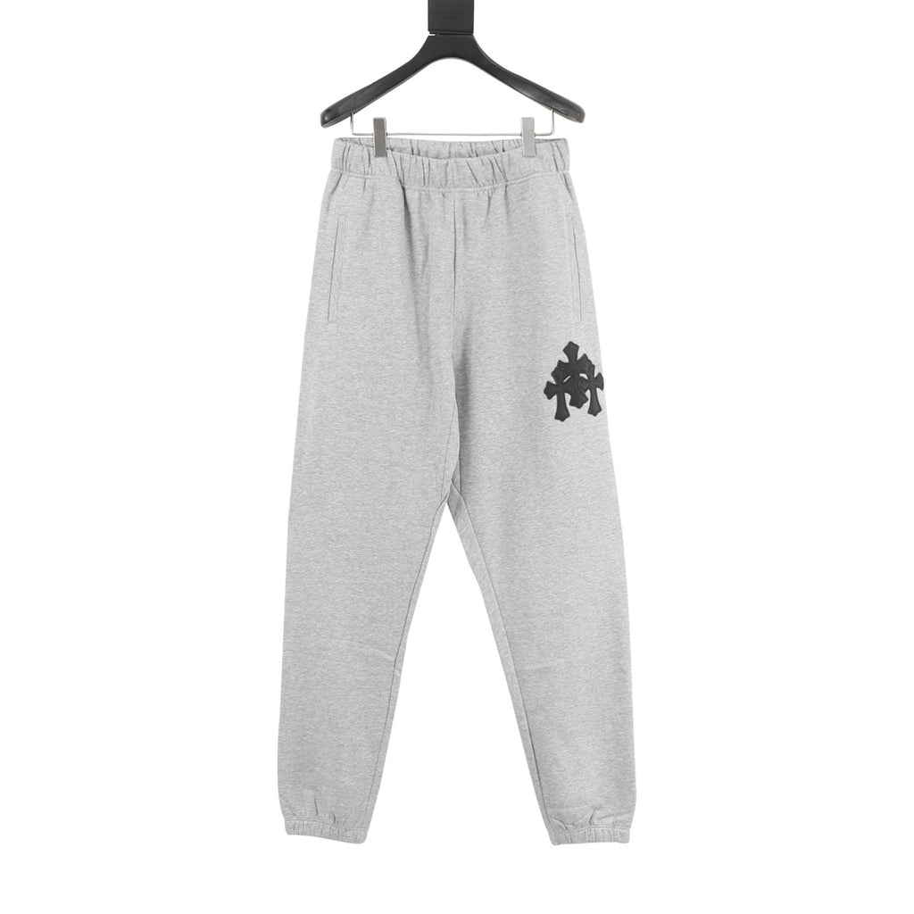 Chrome Hearts Triple Cross Leather Patch Joggers — Grey Marl