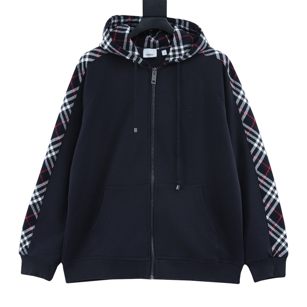 Burberry Women's Men's Navy Check Panel Zip-Up Hoodie