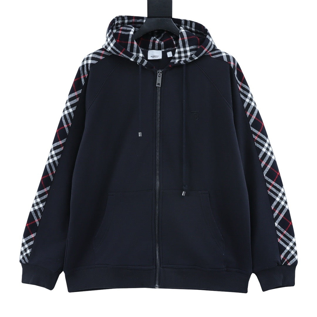 Burberry Women's Men's Navy Check Panel Zip-Up Hoodie