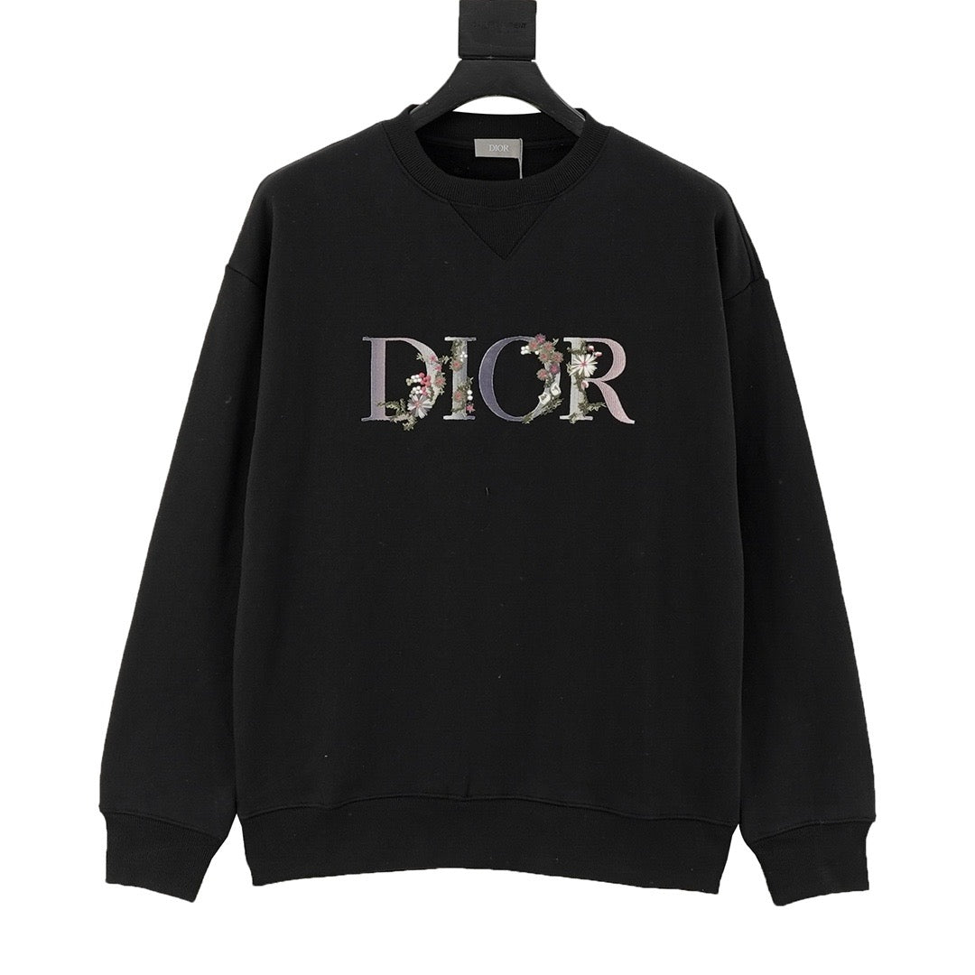 Dior Women's & Men's Black Floral Embroidered Logo Crewneck Sweatshirt