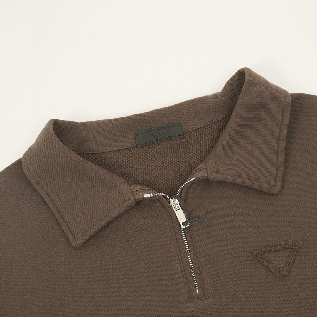 Prada Tonal Triangle Logo Padlock Zip Polo Collar Cotton Sweatshirt