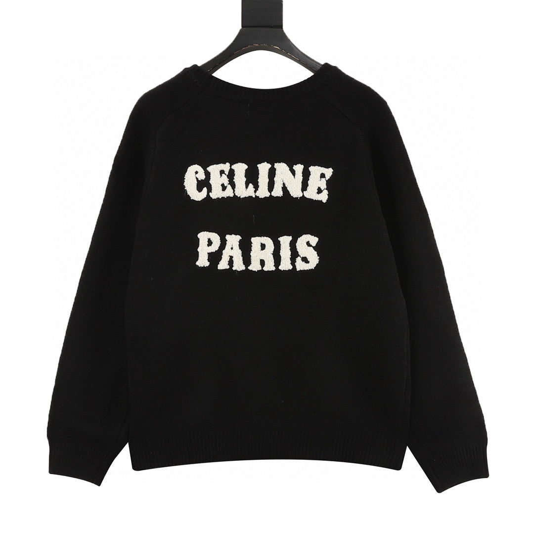 Celine Paris Back Chenille Appliqué Crew Neck Knit Sweater