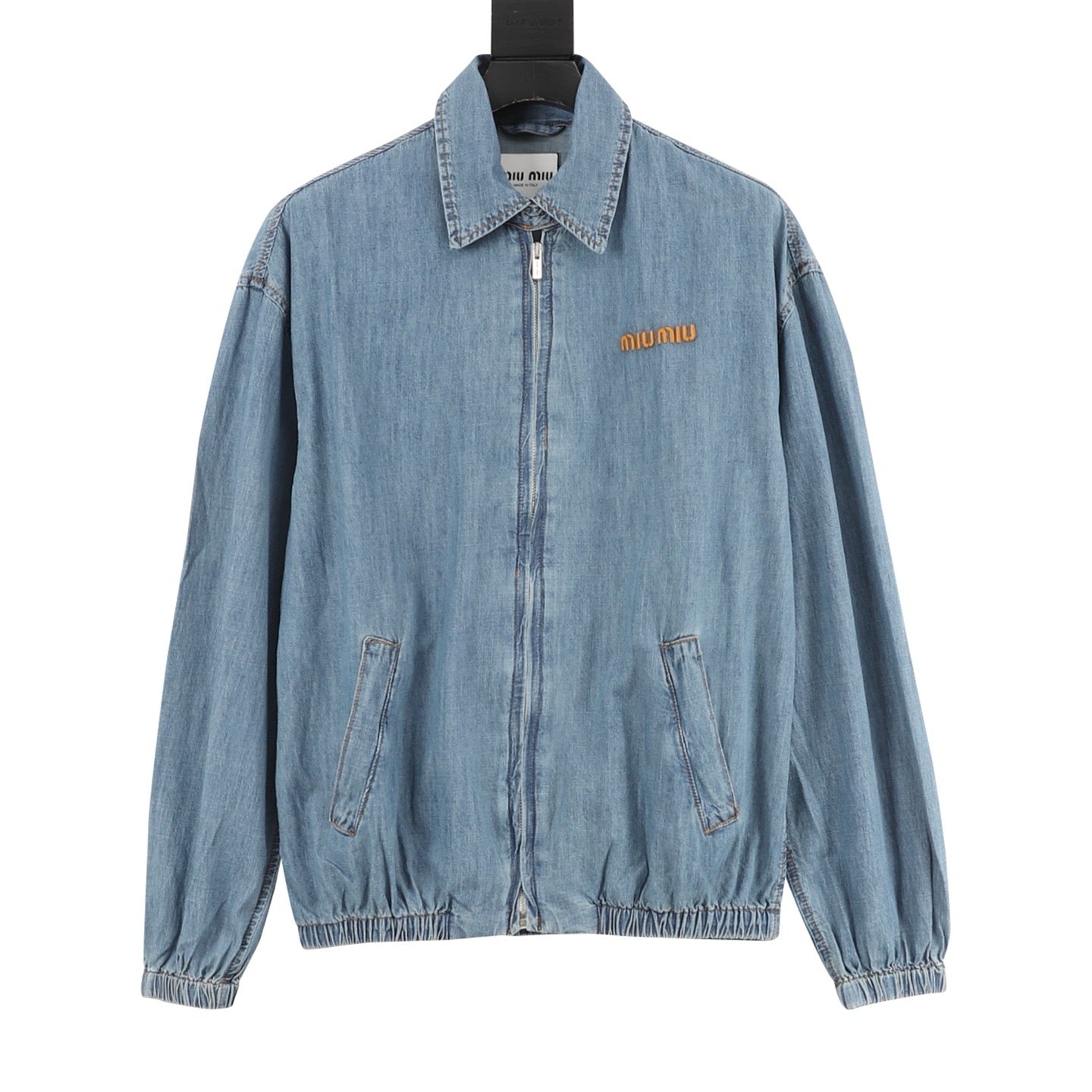 Miu Miu Washed Denim Bomber Jacket — Light Blue, Gold Topstitch | Made in Italy
