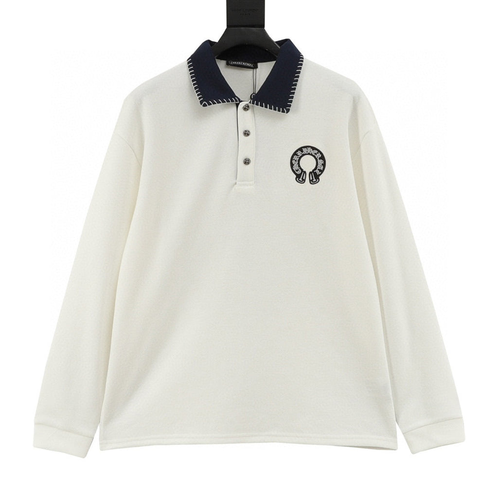 CH Long-Sleeve Polo Shirt with Horseshoe Embroidery and Collar
