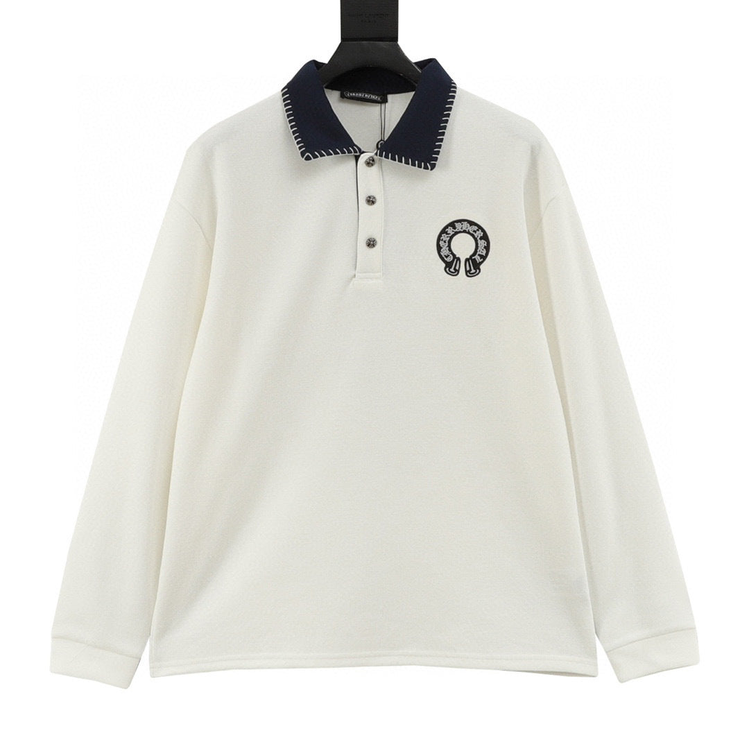 CH Long-Sleeve Polo Shirt with Horseshoe Embroidery and Collar