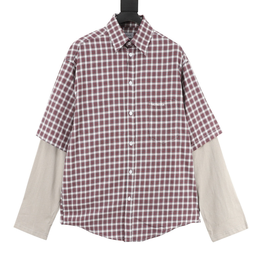 Balenciaga Red Plaid Layered-Look Double-Layer Short-Sleeve Shirt