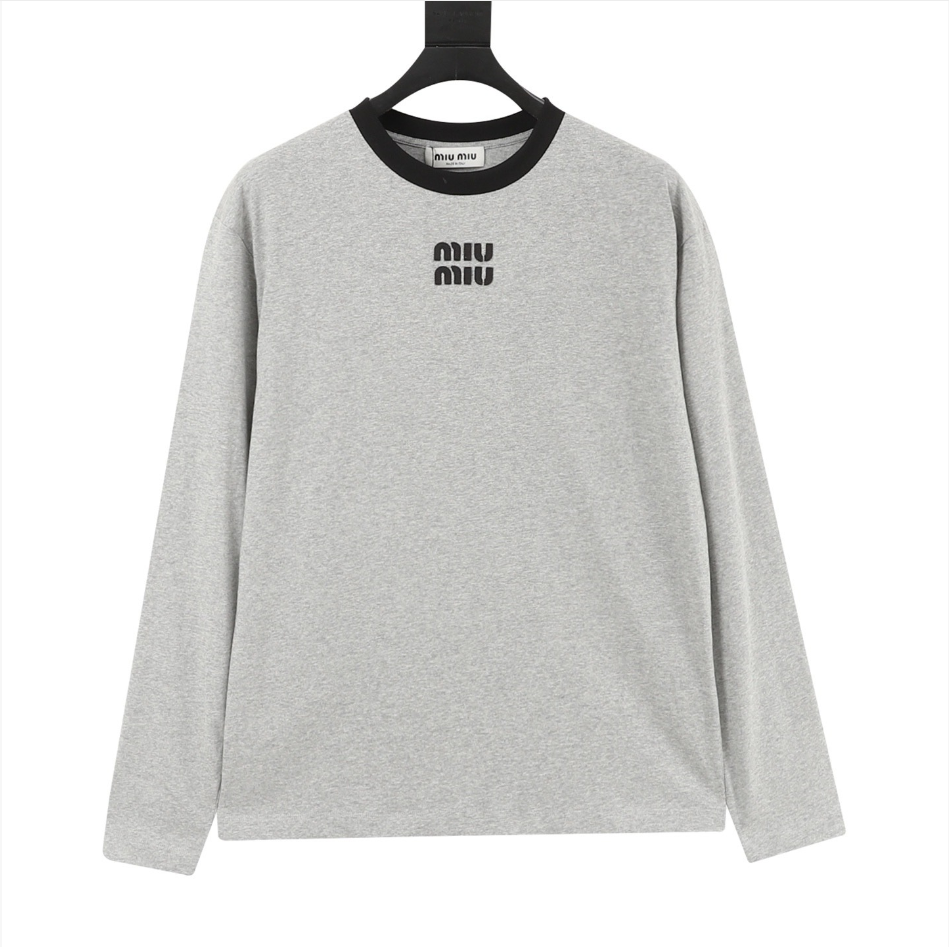 Miu Miu Women's & Men's Grey Contrast-Collar Logo Long-Sleeve Tee