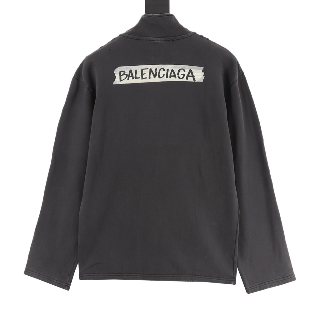 Balenciaga Tape Logo Half-Zip Turtleneck Sweatshirt | Washed Grey Back Print Distressed