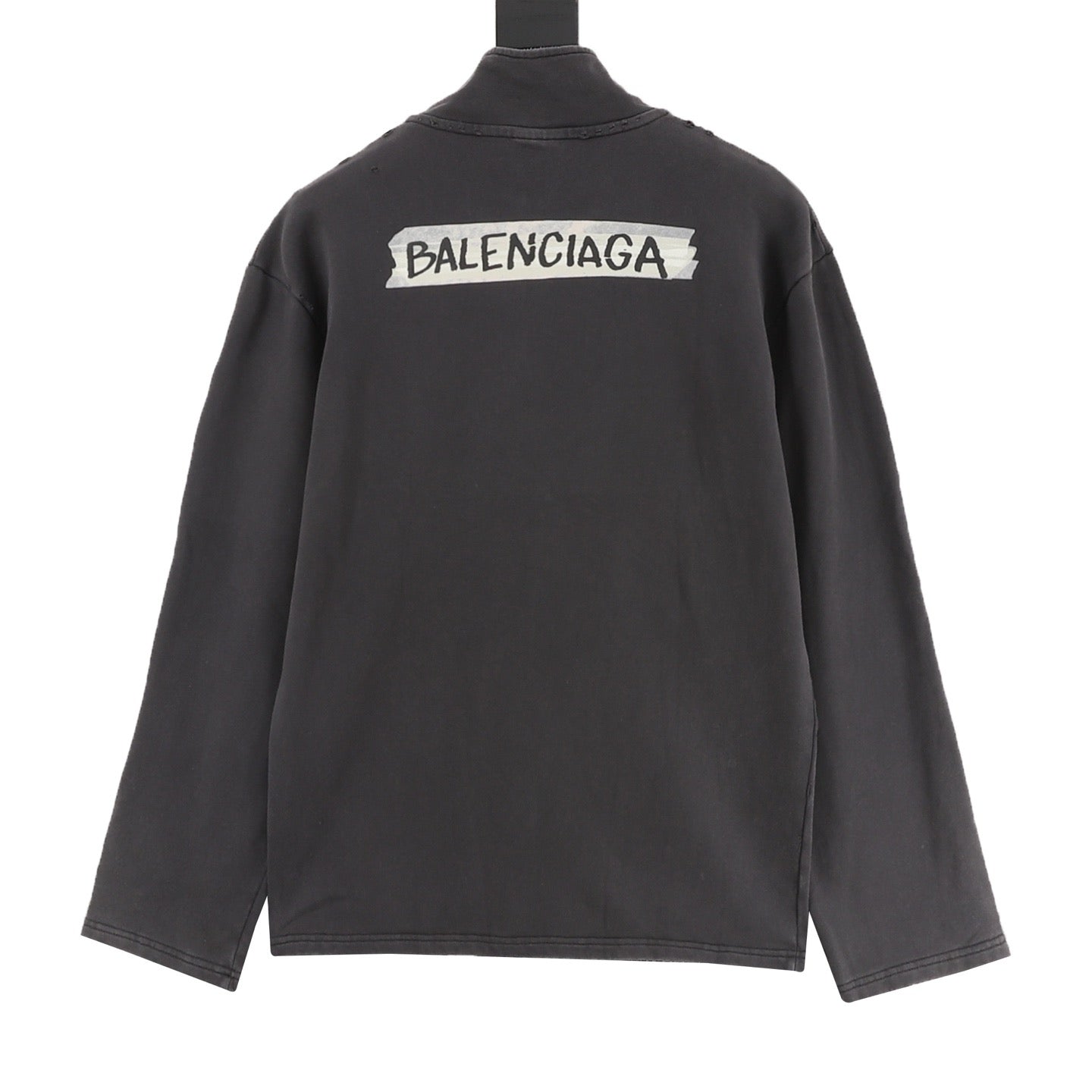 Balenciaga Tape Logo Half-Zip Turtleneck Sweatshirt | Washed Grey Back Print Distressed