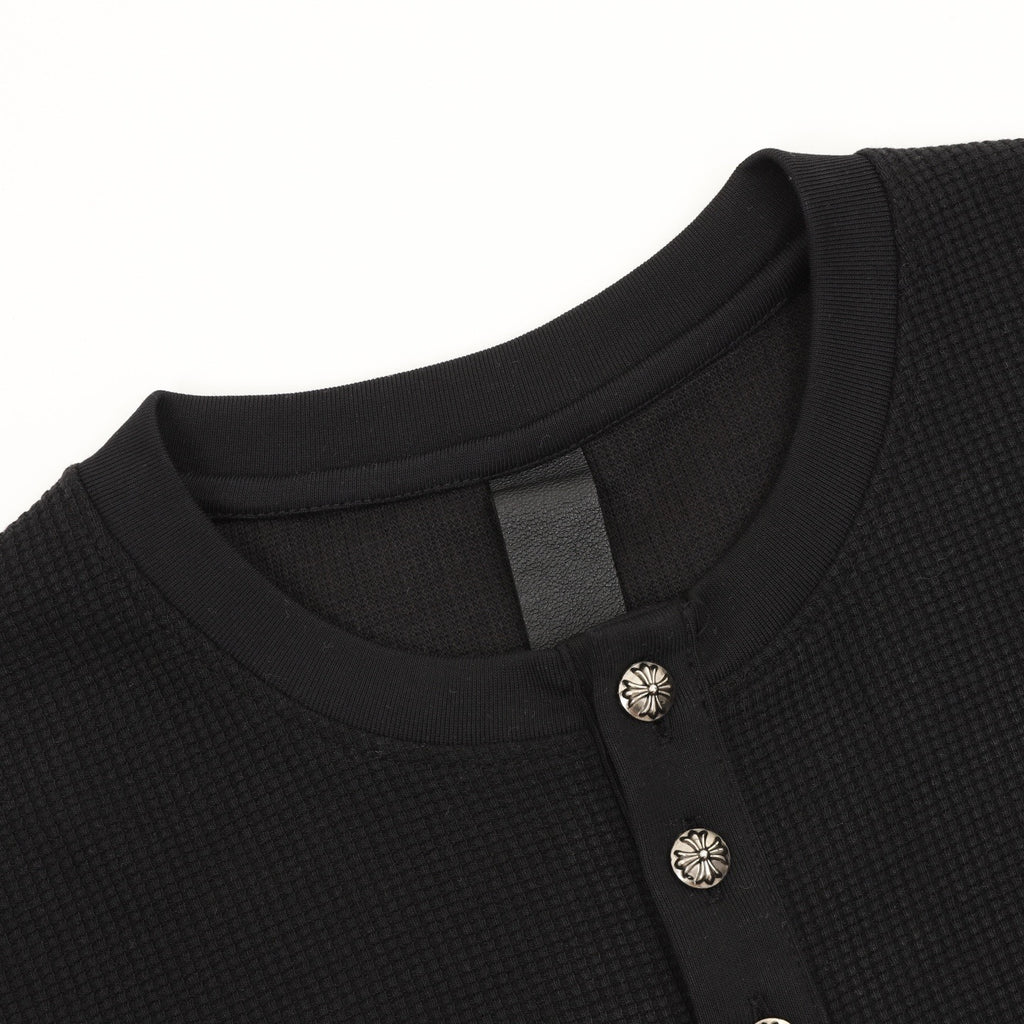 Chrome Hearts Cross Leather Label Waffle Henley Long Sleeve | Black Grey Luxury Streetwear