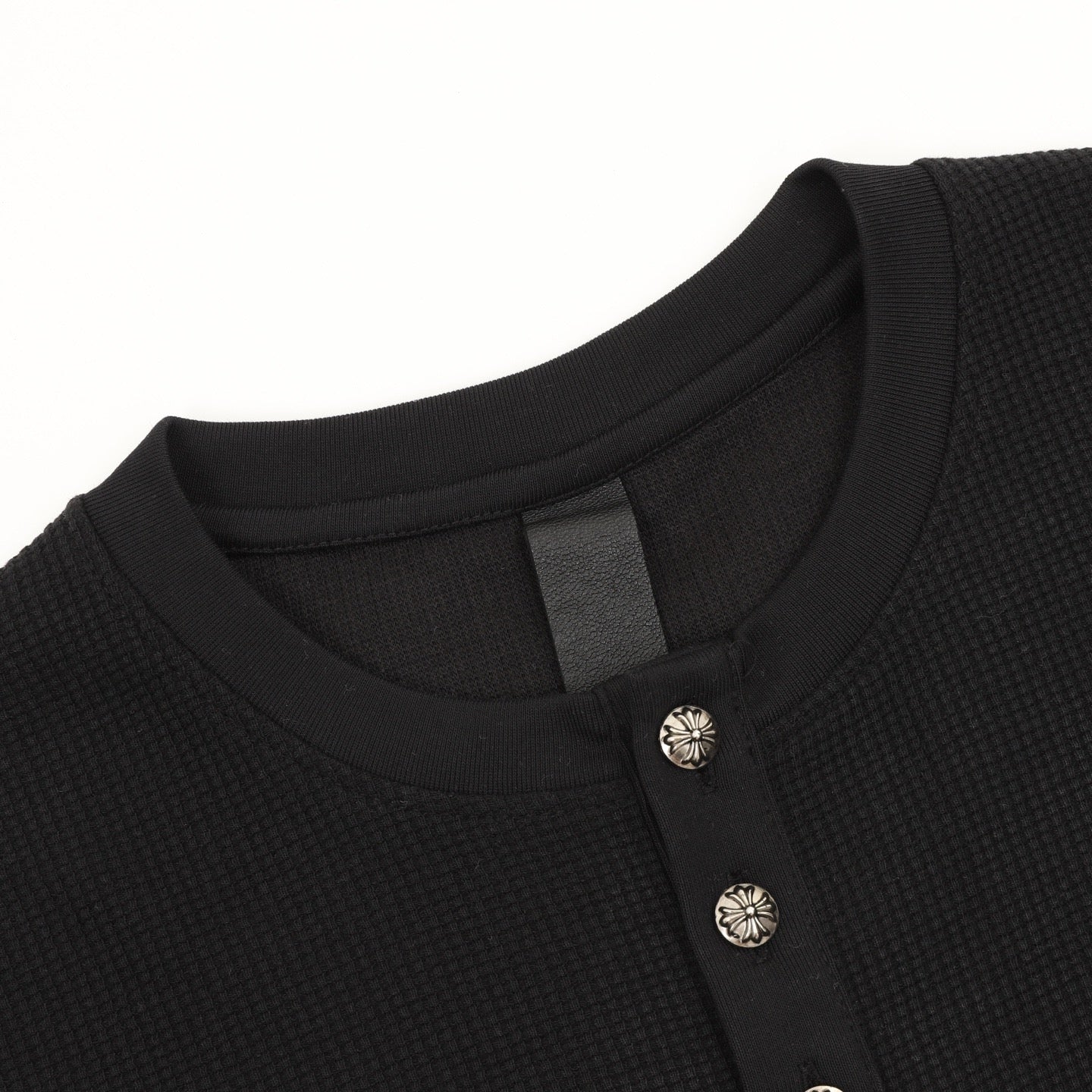 Chrome Hearts Cross Leather Label Waffle Henley Long Sleeve | Black Grey Luxury Streetwear