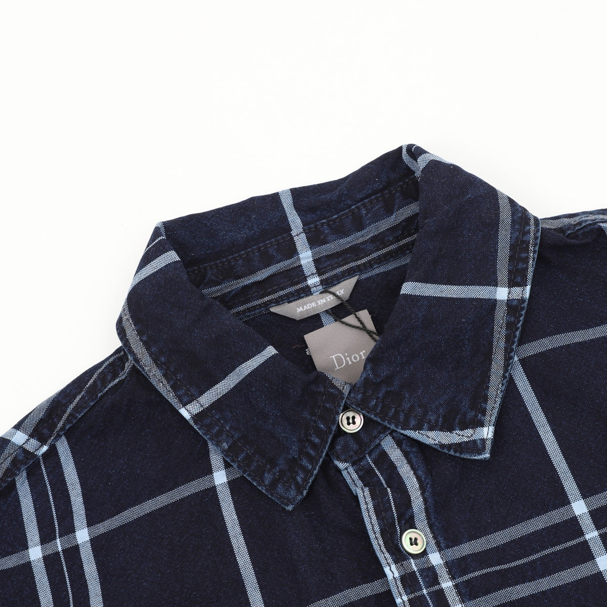 Dior Women's & Men's Navy Blue Plaid Fringe-Hem Long-Sleeve Shirt