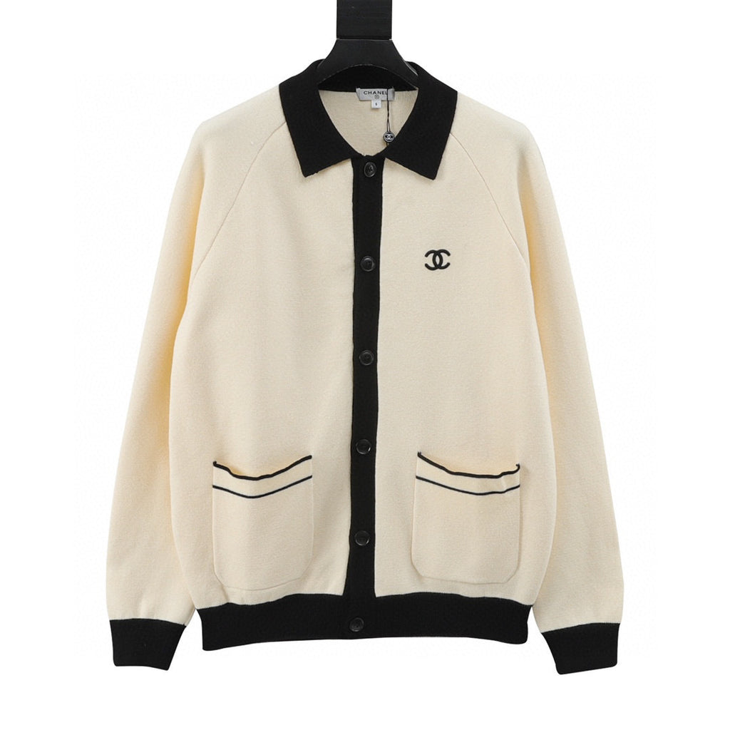 Chanel Contrast-Trim Knit Cardigan with CC Logo and Collar