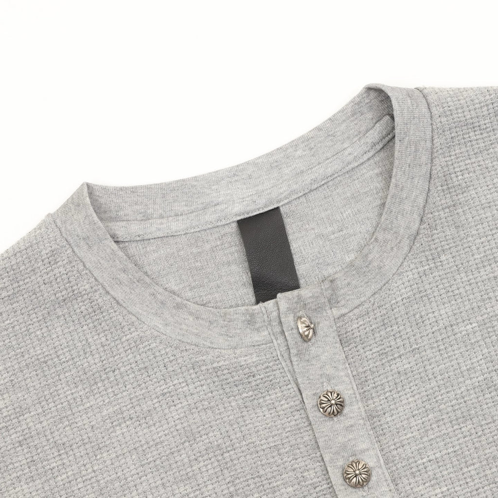 Chrome Hearts Cross Leather Label Waffle Henley Long Sleeve | Black Grey Luxury Streetwear