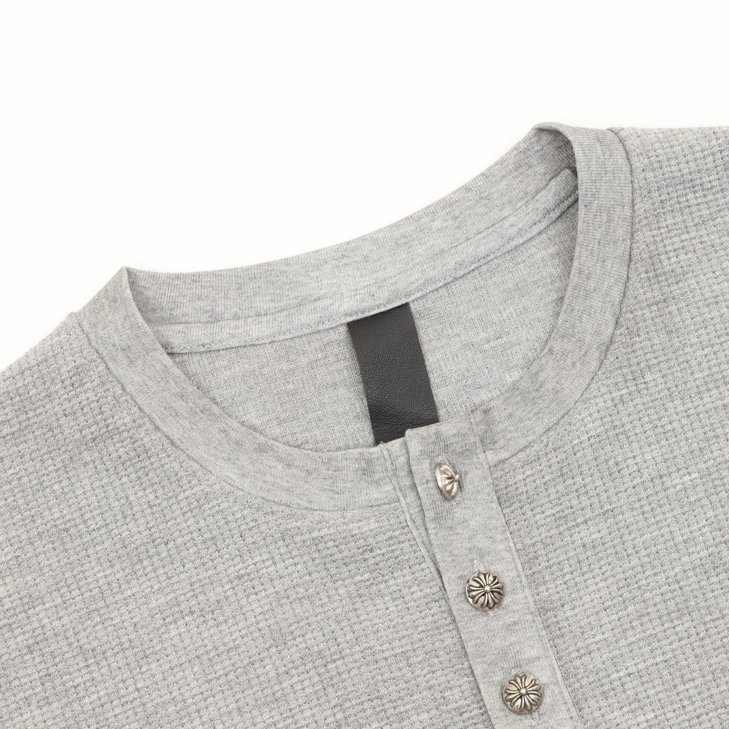 Chrome Hearts Cross Leather Label Waffle Henley Long Sleeve | Black Grey Luxury Streetwear
