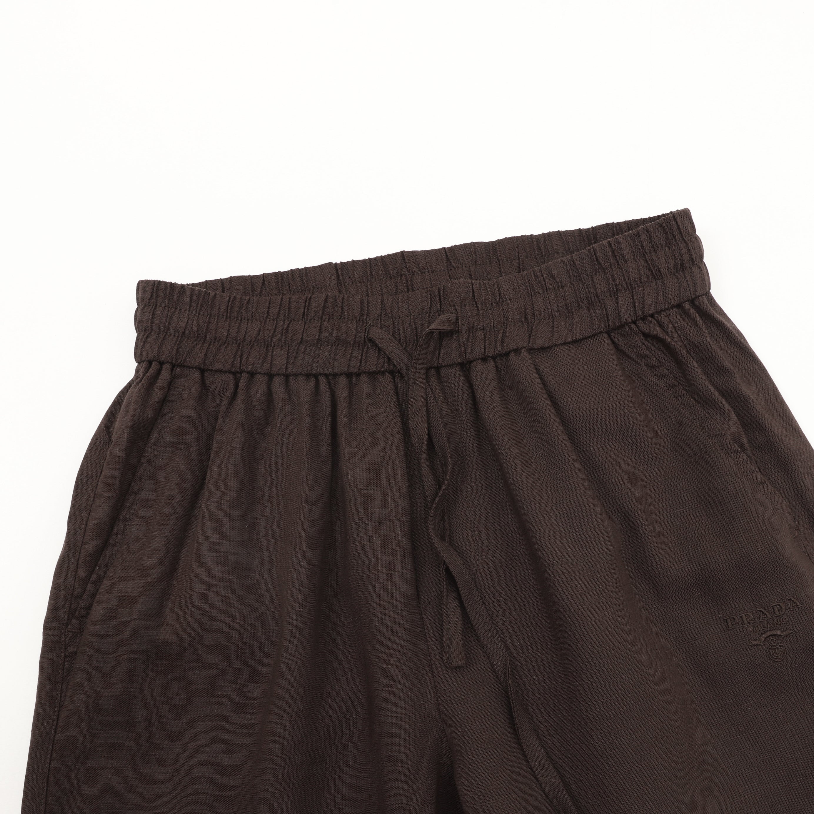 Prada Triangle Logo Linen-Blend Drawstring Wide-Leg Trousers