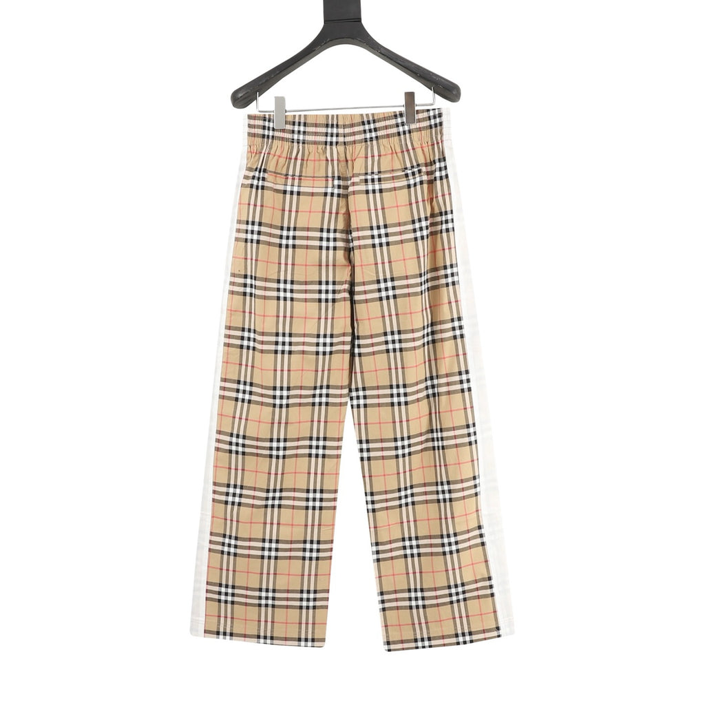 Burberry Vintage Check Wide-Leg Stretch Cotton Trousers | Camel Plaid White Side Stripe
