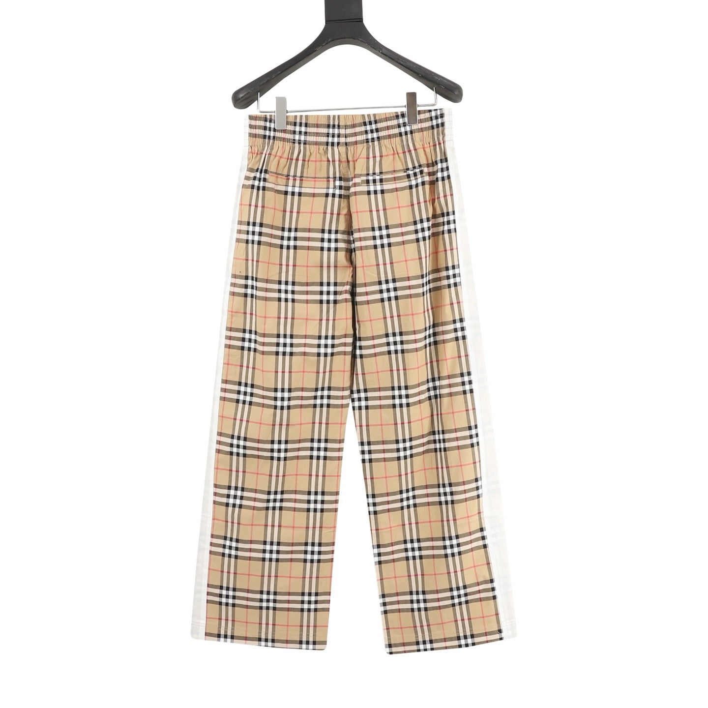 Burberry Vintage Check Wide-Leg Stretch Cotton Trousers | Camel Plaid White Side Stripe